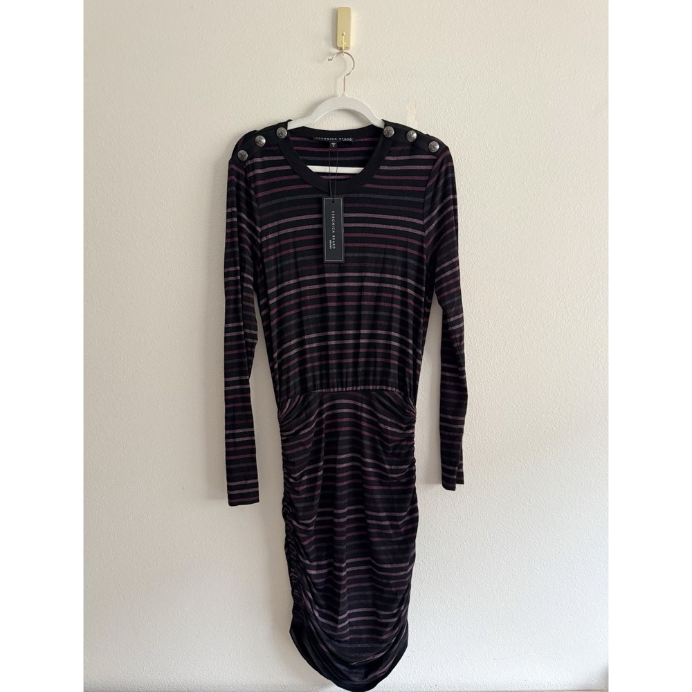 Veronica Beard marcy‎ ruched mini dress Long Sleeve Striped Sz M NWT